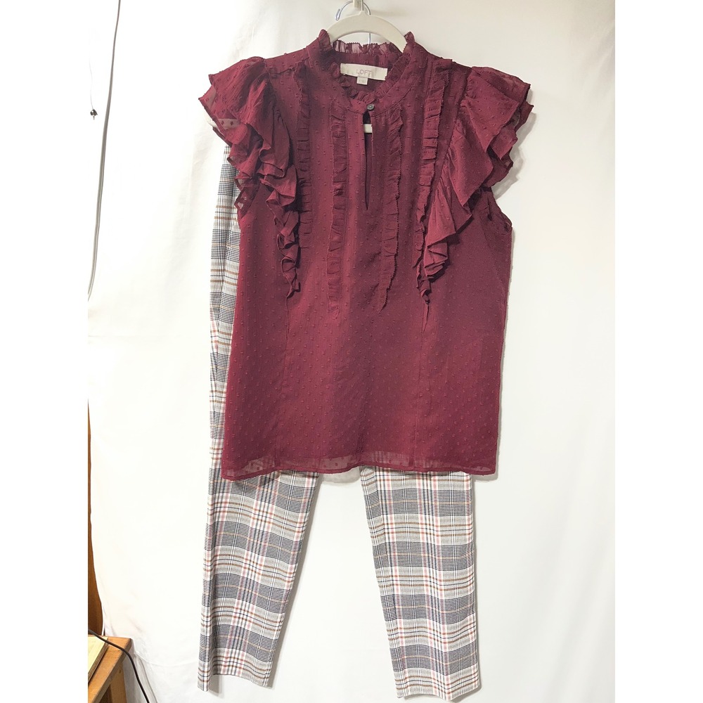 Loft Womens 2 Piece Set Burgundy Clip Dot Ruffle Blouse & Plaid Slim Pants 2 S